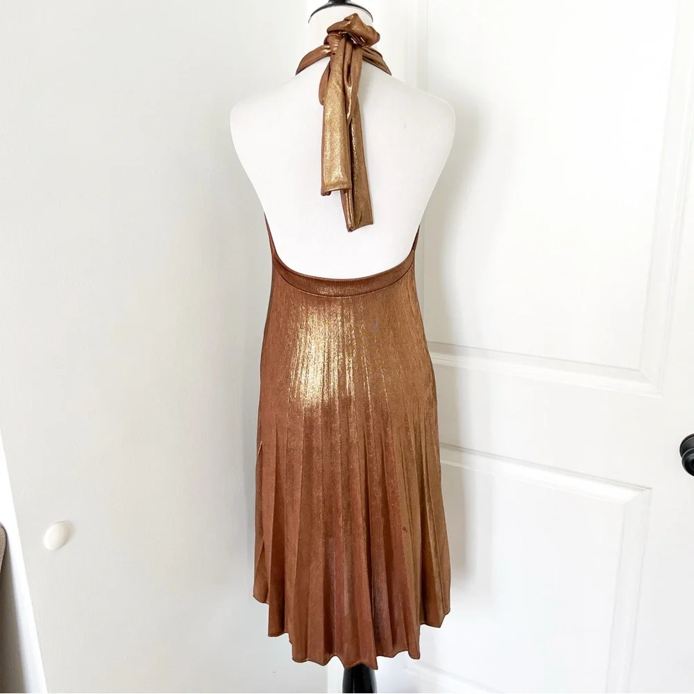 Vintage Semi Sheer Golden Brown Bronze Halter Halter Slinky Mini Dress - Small - Picture 4 of 5